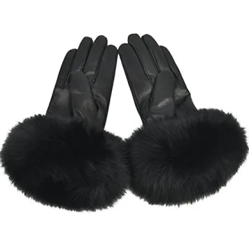 Yosang Women Lambskin Winter Gloves with Fox Fur Trim
