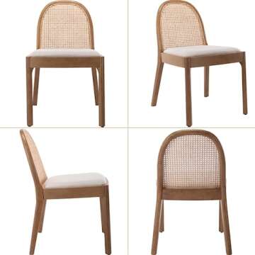 Ya-Home Mid Century Dining Chairs Set of 6, Accent Rattan Linen Fabric Side Chairs Kitchen Chair with Solid Wooden Legs for Living Room Dining Room, Beige