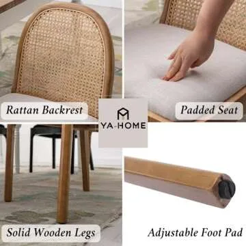 Ya-Home Mid Century Dining Chairs Set of 6, Accent Rattan Linen Fabric Side Chairs Kitchen Chair with Solid Wooden Legs for Living Room Dining Room, Beige