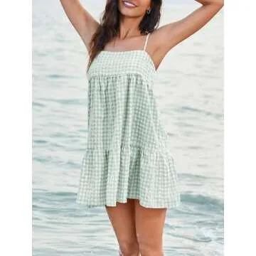 LPCBDEE Womens A-line Plaid Dresses Ruffle Hem Shoulder Straps Casual Mini Dress with Side Pocket Pea Green