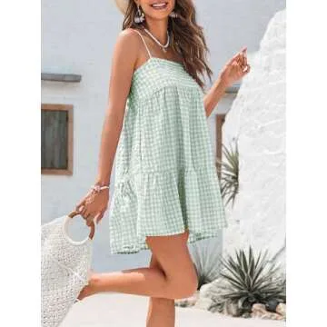 LPCBDEE Womens A-line Plaid Dresses Ruffle Hem Shoulder Straps Casual Mini Dress with Side Pocket Pea Green