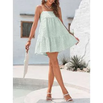 LPCBDEE Womens A-line Plaid Dresses Ruffle Hem Shoulder Straps Casual Mini Dress with Side Pocket Pea Green