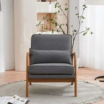 Karl home Accent Chair Mid-Century Modern Chair with Pillow Upholstered Lounge Arm Chair with Solid Wood Frame & Soft Cushion for Living Room, Bedroom, Balcony, Linen Gray (Low Back)