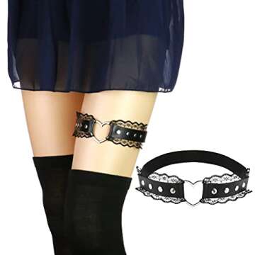 Women Girl Leather Heart Garters Leg Ring Belt Punk Studded Lace Elastic Thigh Ring Garters Adjustable Rose red