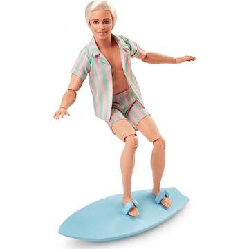 Barbie The Movie Ken Doll, Collectible Wearing Pastel Pink & Green Striped Beach Matching Set with Surfboard & White Sneakers