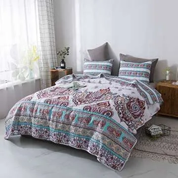 DaDa Bedding Bohemian Reversible Cozy Paisley Floral Bedspread Set - Bright Buta Folky Vibrant Colorful Coverlet - Turquoise Blue Red Orange with White Background - Cal King - 3-Pieces