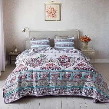 DaDa Bedding Bohemian Reversible Cozy Paisley Floral Bedspread Set - Bright Buta Folky Vibrant Colorful Coverlet - Turquoise Blue Red Orange with White Background - Cal King - 3-Pieces