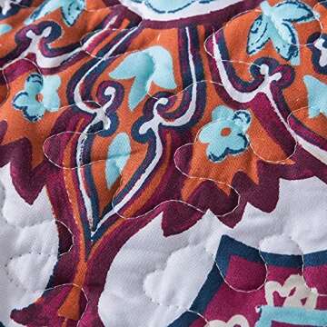 DaDa Bedding Bohemian Reversible Cozy Paisley Floral Bedspread Set - Bright Buta Folky Vibrant Colorful Coverlet - Turquoise Blue Red Orange with White Background - Cal King - 3-Pieces