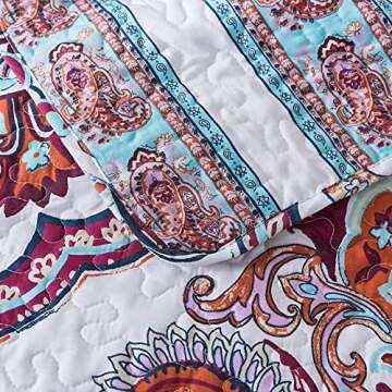 DaDa Bedding Bohemian Reversible Cozy Paisley Floral Bedspread Set - Bright Buta Folky Vibrant Colorful Coverlet - Turquoise Blue Red Orange with White Background - Cal King - 3-Pieces