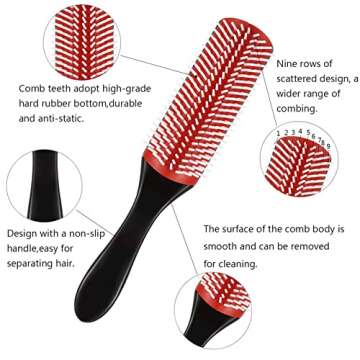 Styling Hair Brush 9 Row Cushion Nylon Bristle with Anti-static Rubber Pad Parting Combs for Women & Men Curly Styling, Separating,Shaping,Smoothing,Blow-Drying All Hair, Red, 21x3.5x6cm