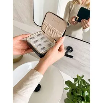 Pill Organizer – Vegan Leather Pill Case with Removable 7-Day Daily Pill Organizer – a Travel Pill Organizer for Your Travel Essentials (Black)
