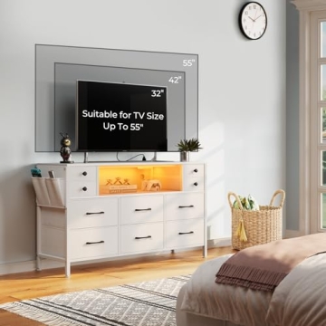 Rolanstar Dresser with LED Lights and Outlets 10 Drawers