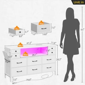 Rolanstar Dresser with LED Lights and Outlets 10 Drawers