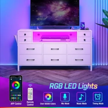 Rolanstar Dresser with LED Lights and Outlets 10 Drawers