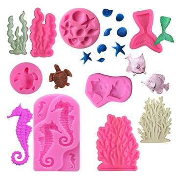 Marine Theme Fondant Silicone Mold,Seashell,Mermaid Tail,Seaweed,Coral,Fish DIY Handmade Baking Tools for Mermaid Theme Cake Decoration,Chocolate,Candy,Fondant,Polymer Clay,Crafting Projects
