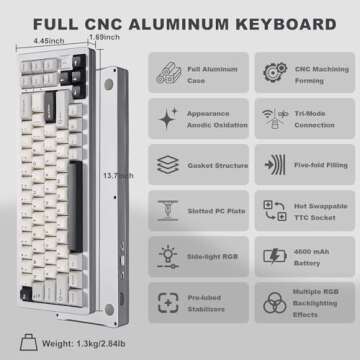 YUNZII AL71 75% Mechanical Keyboard - Premium CNC Aluminum, Hot-Swappable, NKRO RGB Backlit Design f...