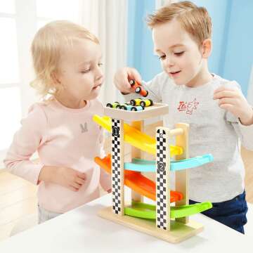 Wooden Race Track Toy for Toddlers - Mini Cars Included