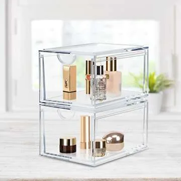 LileZbox Clear Stackable Cosmetic Organizer Drawers,Acrylic Plastic Storage Bins For Vanity,Home Organization and Storage,Hair Accessories, Skin Care, Bathroom Counter or Dresser - Set of 2