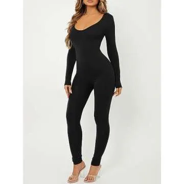 MakeMeChic Women's Square Neck Long Sleeve One Piece Jumpsuit Romper Bodysuit Pants Unitard Jumpsuits Black Solid XS