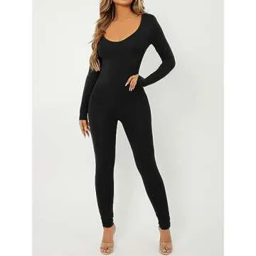 MakeMeChic Women's Square Neck Long Sleeve One Piece Jumpsuit Romper Bodysuit Pants Unitard Jumpsuits Black Solid XS