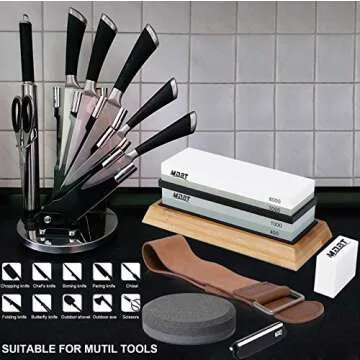 MDBT Complete Knife Sharpening Stone Set, Premium Whetstone Knife Sharpening Kit - Dual Grit 400/1000 3000/8000 Waterstone with Bamboo Base, Angle Guide, Leather Strop, Axe Sharpener, Flatting Stone
