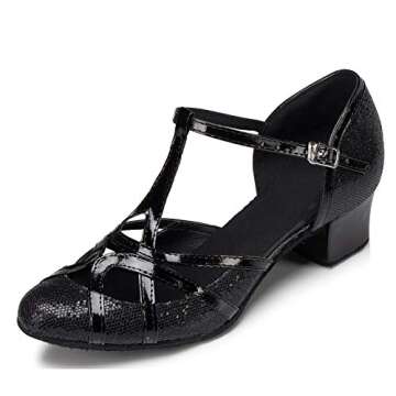 Minishion Women's T-Strap Dance Heels Black/3.5cm Heel Glitter Salsa Ballroom Shoes US 8