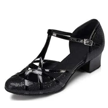 Minishion Women's T-Strap Dance Heels Black/3.5cm Heel Glitter Salsa Ballroom Shoes US 8