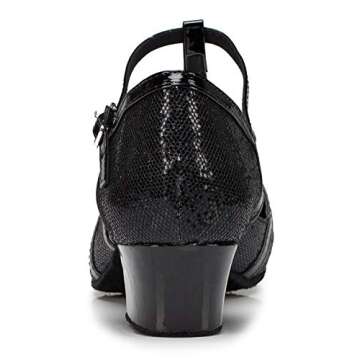 Minishion Women's T-Strap Dance Heels Black/3.5cm Heel Glitter Salsa Ballroom Shoes US 8