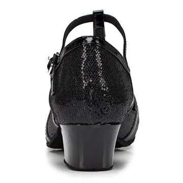 Minishion Women's T-Strap Dance Heels Black/3.5cm Heel Glitter Salsa Ballroom Shoes US 8