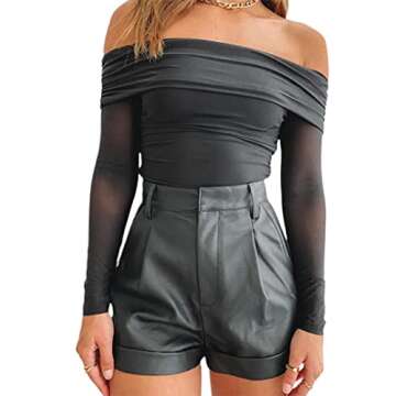 Remidoo Women's Sexy Mesh Ruched Long Sleeve Off Shoulder Crop Top T Shirt Black X-Small