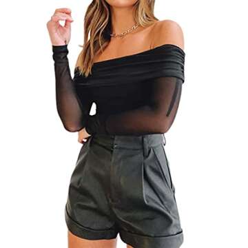 Remidoo Women's Sexy Mesh Ruched Long Sleeve Off Shoulder Crop Top T Shirt Black X-Small
