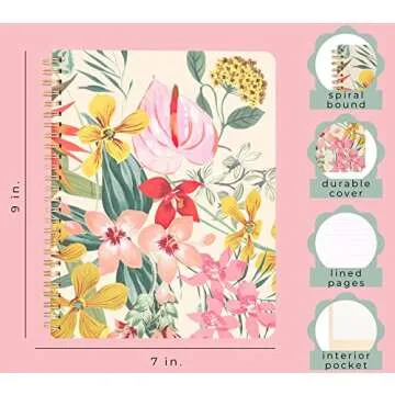 ban.do Floral Rough Draft Mini Spiral Notebook, 8.5" x 6.75" with Pockets and 160 Lined Pages, Paradiso