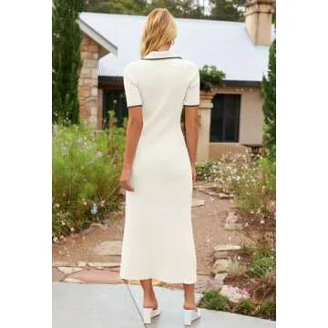 MEROKEETY Women's Polo V Neck Color Block Long Dress Elegant Stretch Fitted Pullover Maxi Dress, Beige, Medium