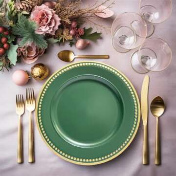 Umisriro Green Beaded Charger Plates, Set of 6, 13 Inch Plastic Round Chargers for Dinner Plates, Party, Wedding, Birthday.(Green. 6)