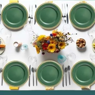 Umisriro Green Beaded Charger Plates, Set of 6, 13 Inch Plastic Round Chargers for Dinner Plates, Party, Wedding, Birthday.(Green. 6)