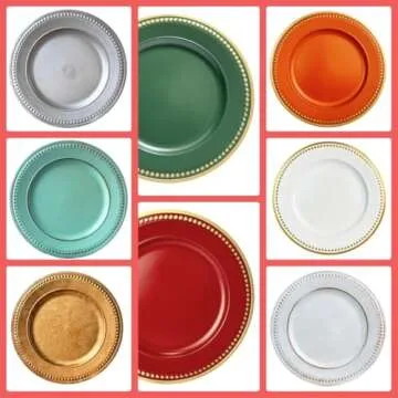 Umisriro Green Beaded Charger Plates, Set of 6, 13 Inch Plastic Round Chargers for Dinner Plates, Party, Wedding, Birthday.(Green. 6)