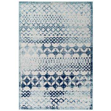 Modway Giada 8x10 Distressed Outdoor Area Rug in Ivory and Blue