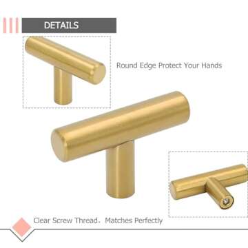 LONTAN 12 Pack Gold Drawer Knobs for Dresser Kitchen Cabinet Knobs Gold Hardware for Cabinets Brushed Brass T Bar Knobs for Dresser Bathroom，Stainless Steel