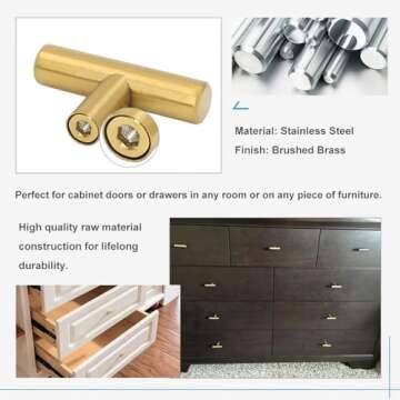 LONTAN 12 Pack Gold Drawer Knobs for Dresser Kitchen Cabinet Knobs Gold Hardware for Cabinets Brushed Brass T Bar Knobs for Dresser Bathroom，Stainless Steel