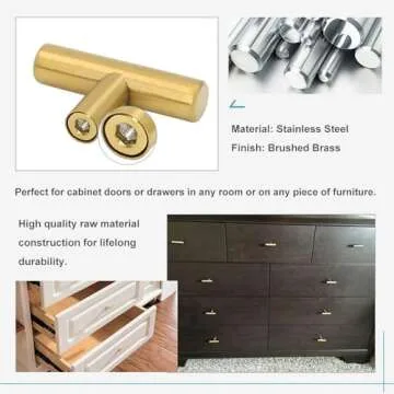 LONTAN 12 Pack Gold Drawer Knobs for Dresser Kitchen Cabinet Knobs Gold Hardware for Cabinets Brushed Brass T Bar Knobs for Dresser Bathroom，Stainless Steel