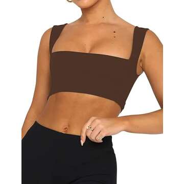 SAFRISIOR Women's Square Neck Sleeveless Sports Bra Crop Top Sexy Backless Skinny Solid Workout Yoga Cropped Tank Cami Tops Coffee Brown