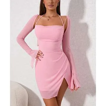 HTZMO Sexy Women's Halter Flounce Sleeves Ruched Mini Dress Sheer Mesh Side Split Cute Party Short Dresses Pink XS