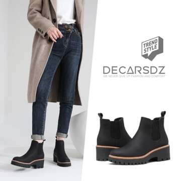 DECARSDZ Womens Black Chunky Platform Chelsea Boot With Elastic Low Wedge Heel Slip On For Fall Work...