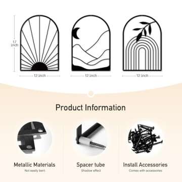 Sokurdeg Black Metal Wall Decor Minimalist Line Wall Art Bohemian Wall Hanging for Bedroom Bathroom Living Room (3 Pack, 12 x 17 in)