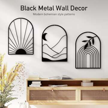 Sokurdeg Black Metal Wall Decor Minimalist Line Wall Art Bohemian Wall Hanging for Bedroom Bathroom Living Room (3 Pack, 12 x 17 in)