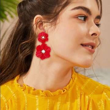 Flower Drop Dangle Earrings for Women - Raffia Flower Statement Earrings Handmade Earrings Bohemian ...