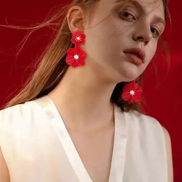 Flower Drop Dangle Earrings for Women - Raffia Flower Statement Earrings Handmade Earrings Bohemian Jewelry Gift for Women (Red Flower)