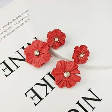 Flower Drop Dangle Earrings for Women - Raffia Flower Statement Earrings Handmade Earrings Bohemian Jewelry Gift for Women (Red Flower)