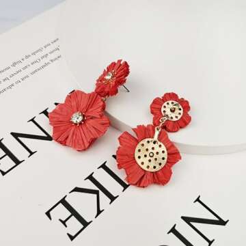 Flower Drop Dangle Earrings for Women - Raffia Flower Statement Earrings Handmade Earrings Bohemian Jewelry Gift for Women (Red Flower)