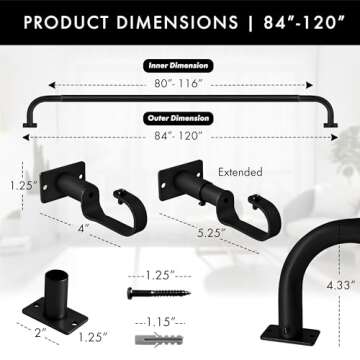 Meriville 1-Inch Diameter Wrap Around Blackout Curtain Rod, 84-Inch to 120-Inch, Black Finish